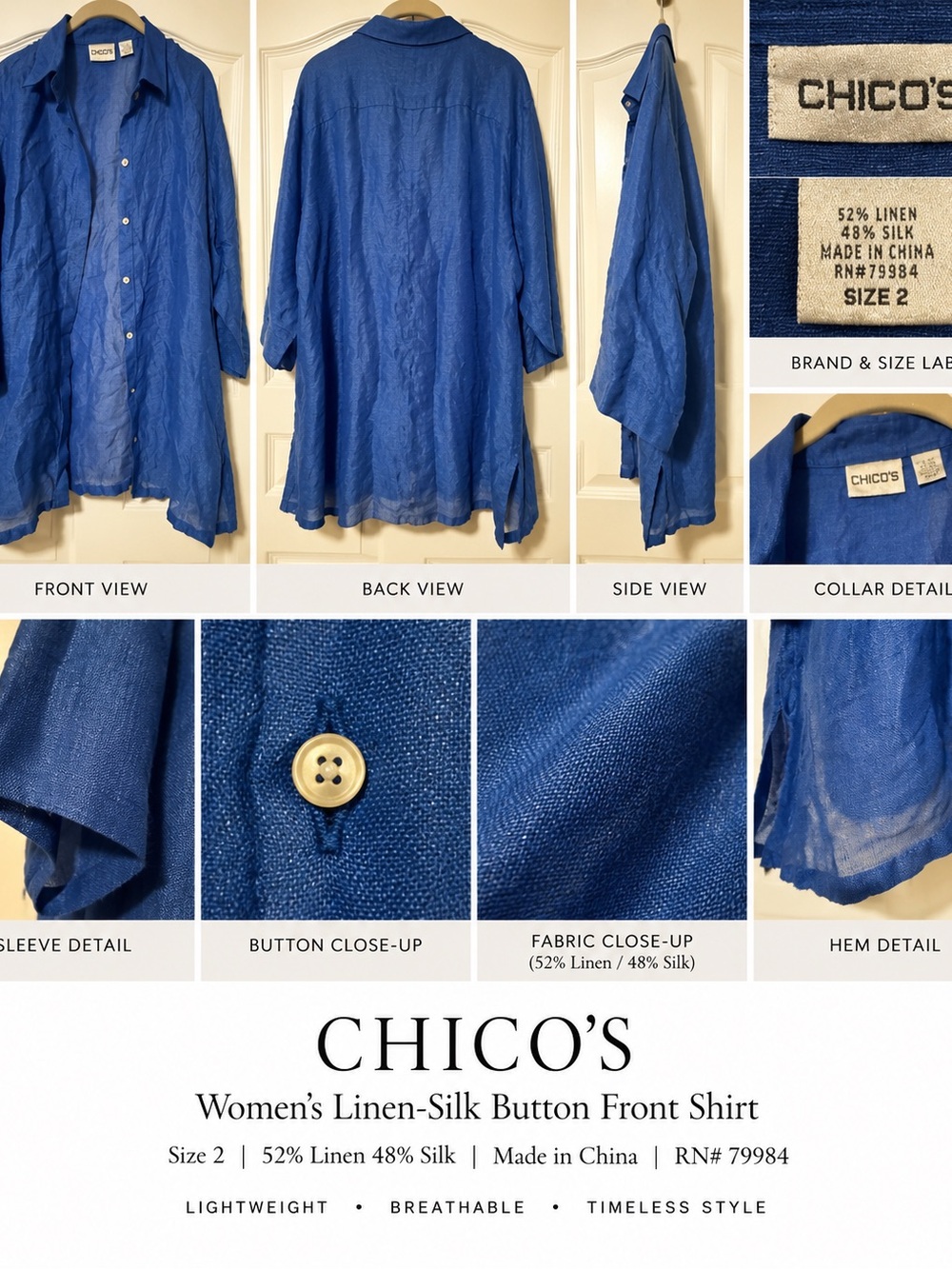 Chico's Cobalt Blue Linen-Silk Button Front Shirt